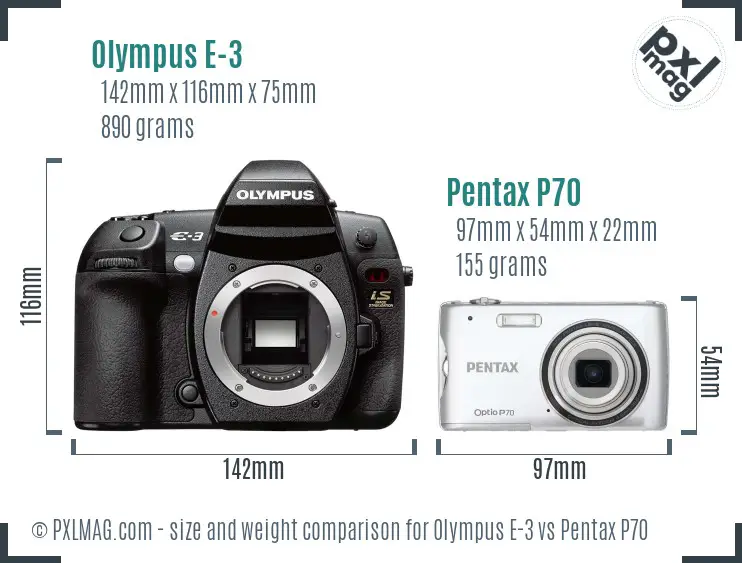 Olympus E-3 vs Pentax P70 size comparison