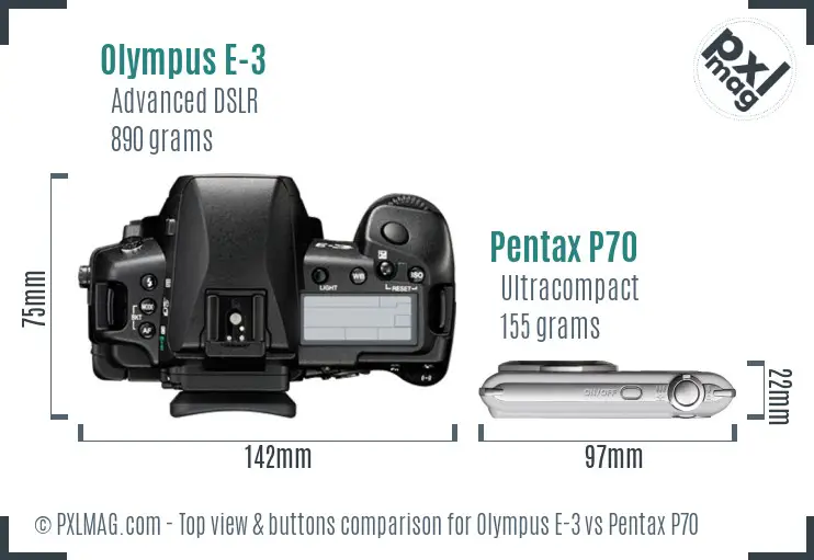 Olympus E-3 vs Pentax P70 top view buttons comparison
