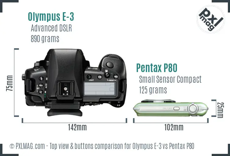 Olympus E-3 vs Pentax P80 top view buttons comparison