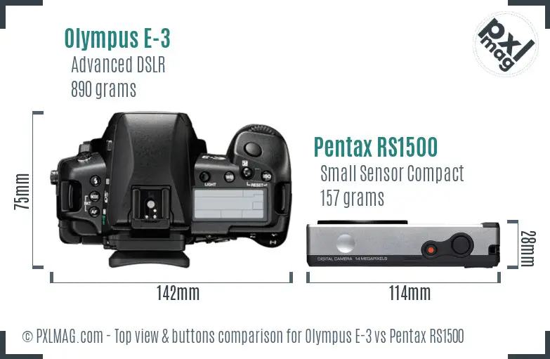 Olympus E-3 vs Pentax RS1500 top view buttons comparison