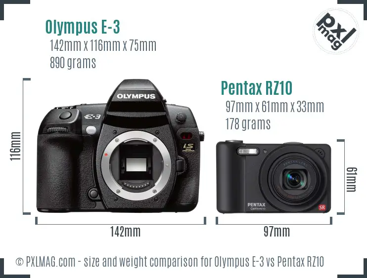 Olympus E-3 vs Pentax RZ10 size comparison