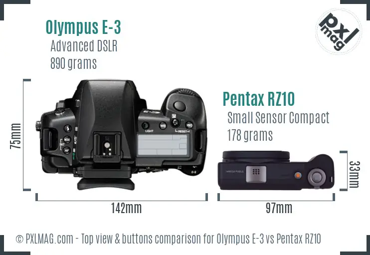 Olympus E-3 vs Pentax RZ10 top view buttons comparison