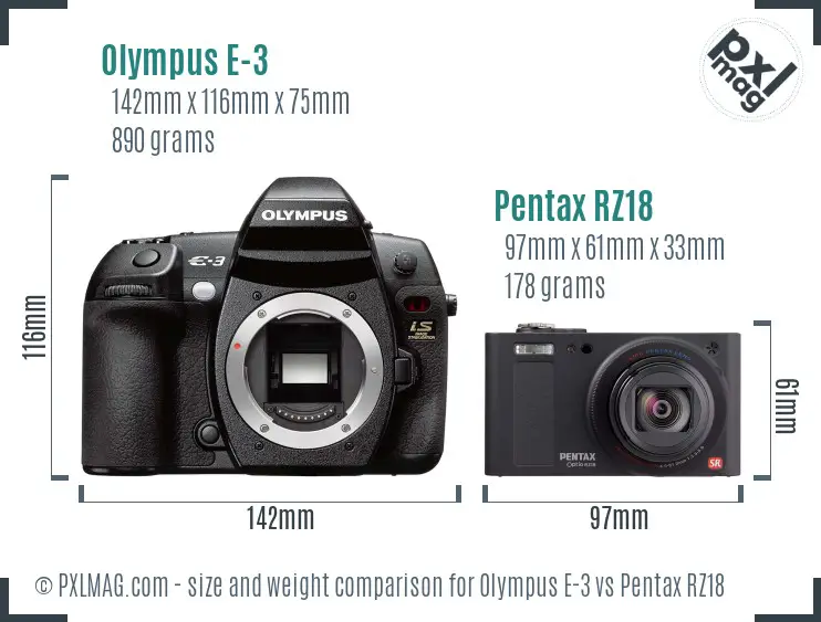 Olympus E-3 vs Pentax RZ18 size comparison