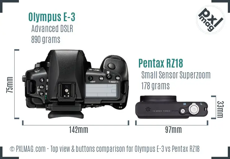 Olympus E-3 vs Pentax RZ18 top view buttons comparison