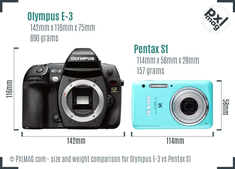 Olympus E-3 vs Pentax S1 size comparison