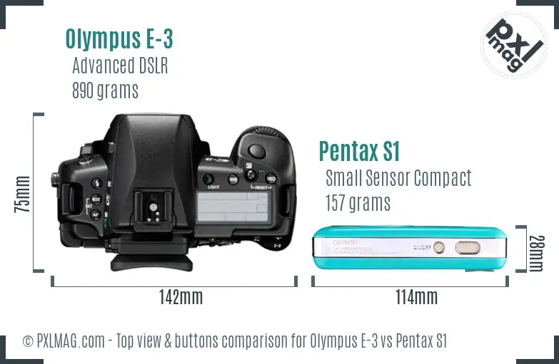 Olympus E-3 vs Pentax S1 top view buttons comparison