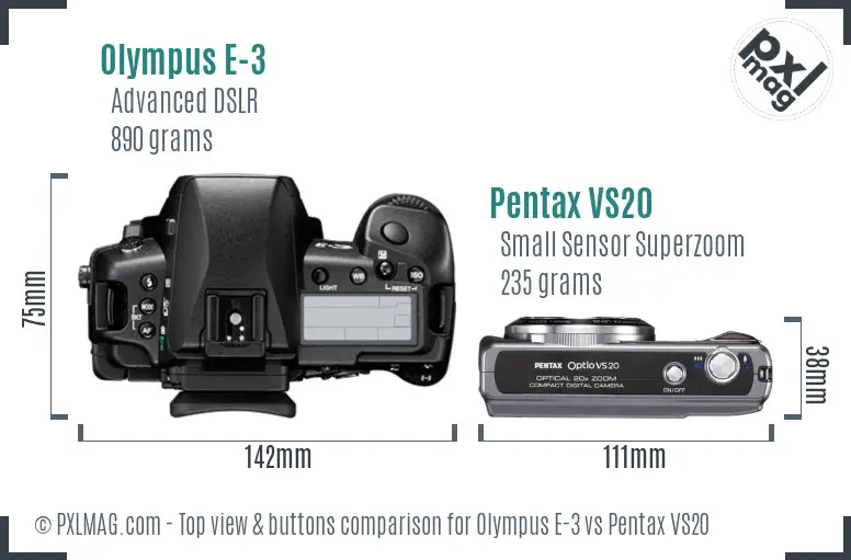 Olympus E-3 vs Pentax VS20 top view buttons comparison