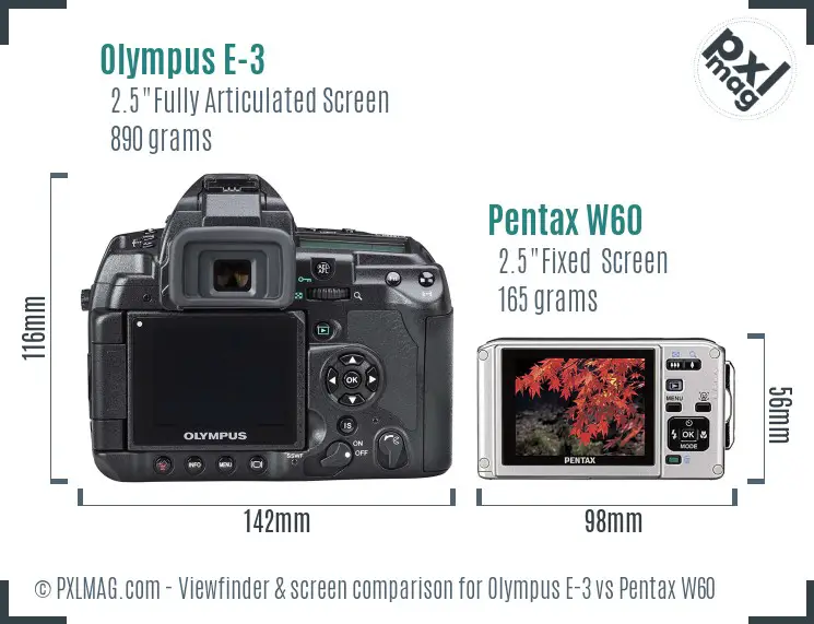 Olympus E-3 vs Pentax W60 Screen and Viewfinder comparison