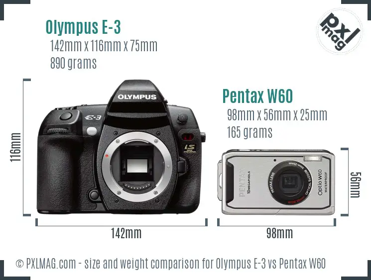 Olympus E-3 vs Pentax W60 size comparison