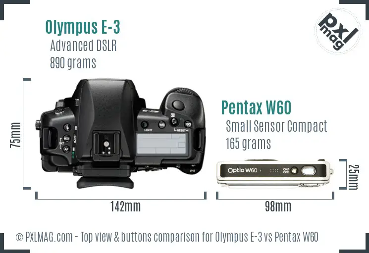 Olympus E-3 vs Pentax W60 top view buttons comparison
