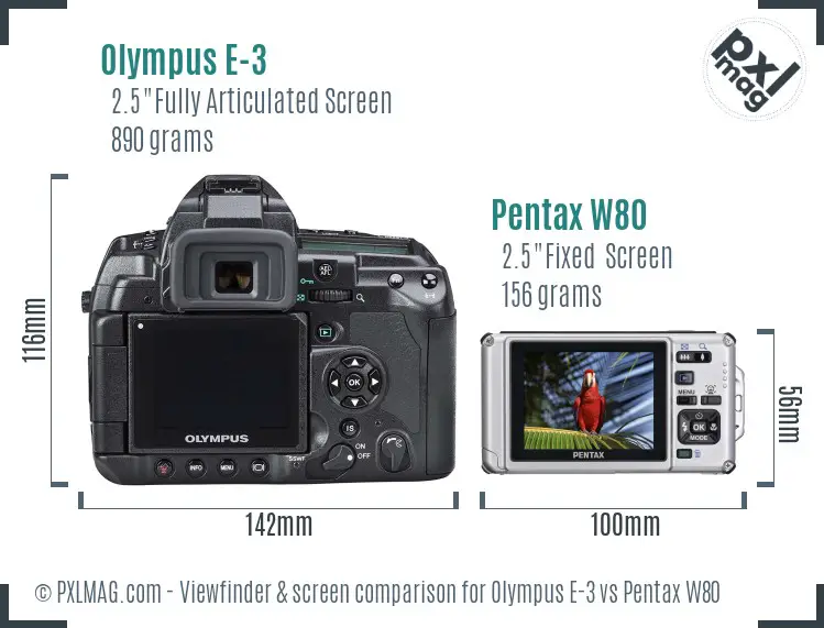 Olympus E-3 vs Pentax W80 Screen and Viewfinder comparison