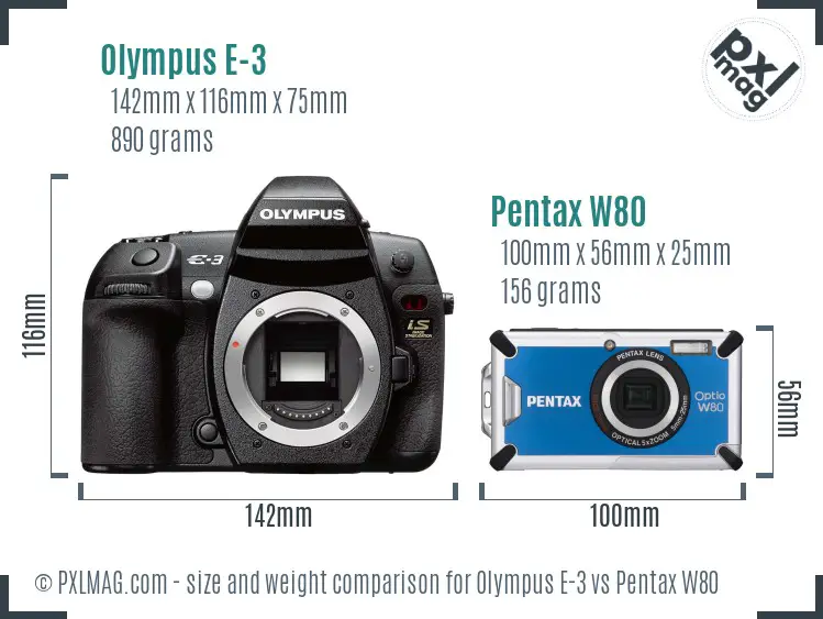 Olympus E-3 vs Pentax W80 size comparison