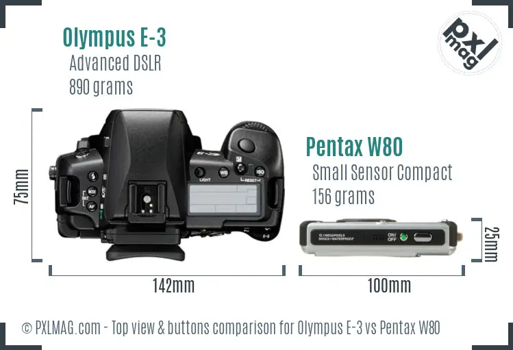 Olympus E-3 vs Pentax W80 top view buttons comparison