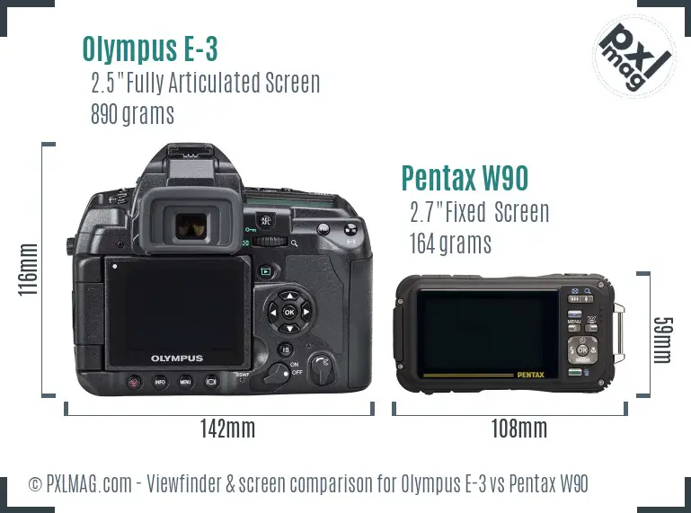 Olympus E-3 vs Pentax W90 Screen and Viewfinder comparison