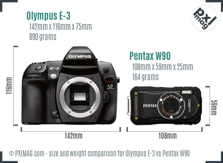 Olympus E-3 vs Pentax W90 size comparison