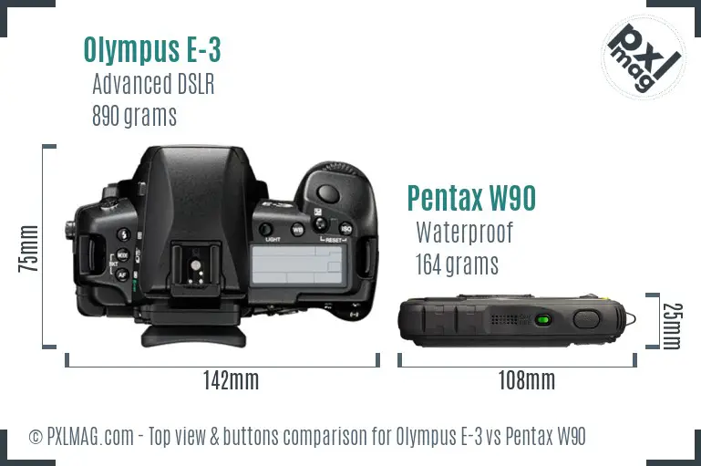 Olympus E-3 vs Pentax W90 top view buttons comparison