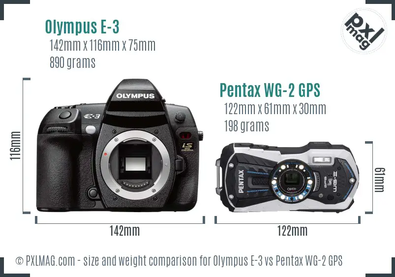 Olympus E-3 vs Pentax WG-2 GPS size comparison