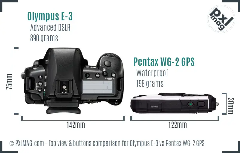 Olympus E-3 vs Pentax WG-2 GPS top view buttons comparison