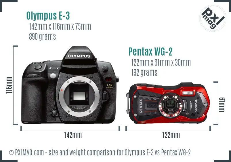 Olympus E-3 vs Pentax WG-2 size comparison