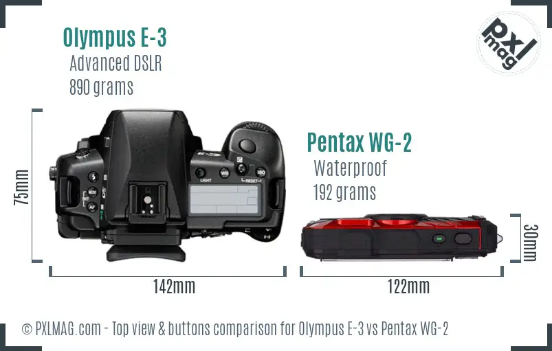 Olympus E-3 vs Pentax WG-2 top view buttons comparison