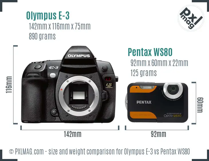 Olympus E-3 vs Pentax WS80 size comparison