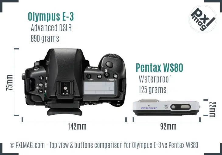 Olympus E-3 vs Pentax WS80 top view buttons comparison