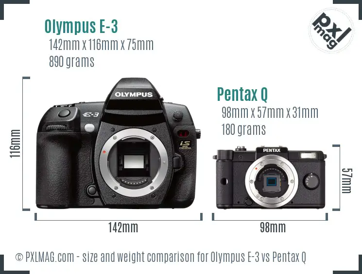 Olympus E-3 vs Pentax Q size comparison