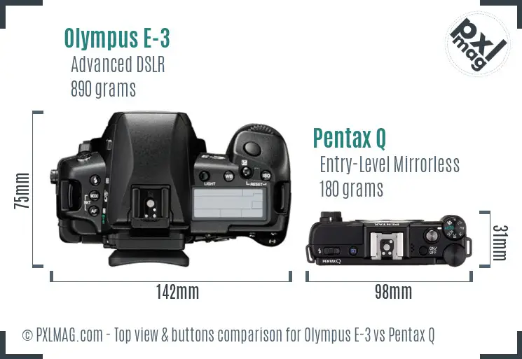 Olympus E-3 vs Pentax Q top view buttons comparison