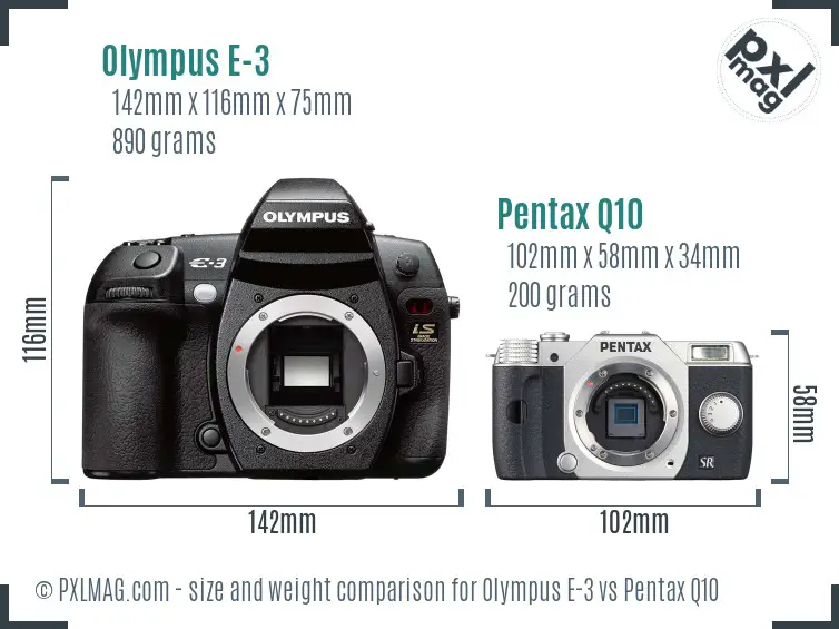 Olympus E-3 vs Pentax Q10 size comparison