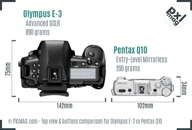Olympus E-3 vs Pentax Q10 top view buttons comparison
