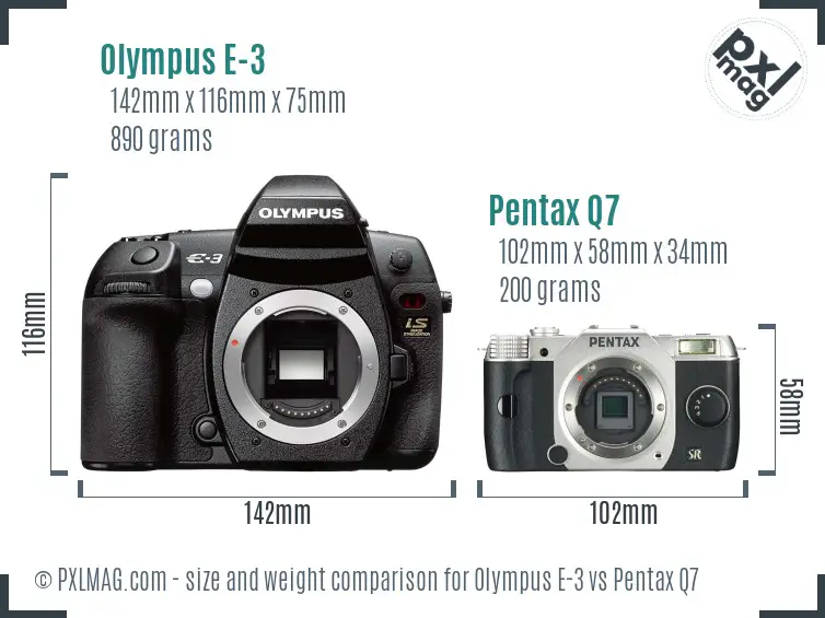 Olympus E-3 vs Pentax Q7 size comparison