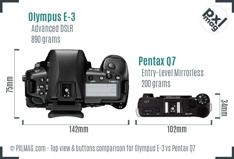 Olympus E-3 vs Pentax Q7 top view buttons comparison