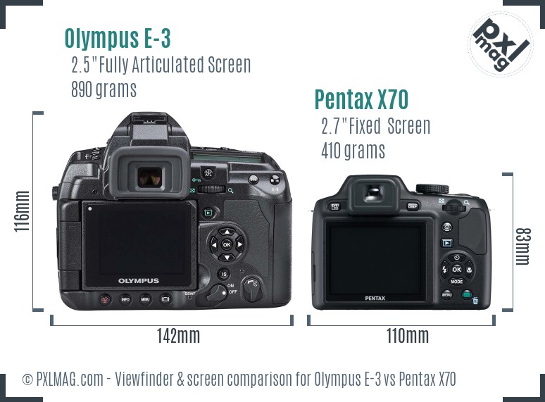 Olympus E-3 vs Pentax X70 Screen and Viewfinder comparison