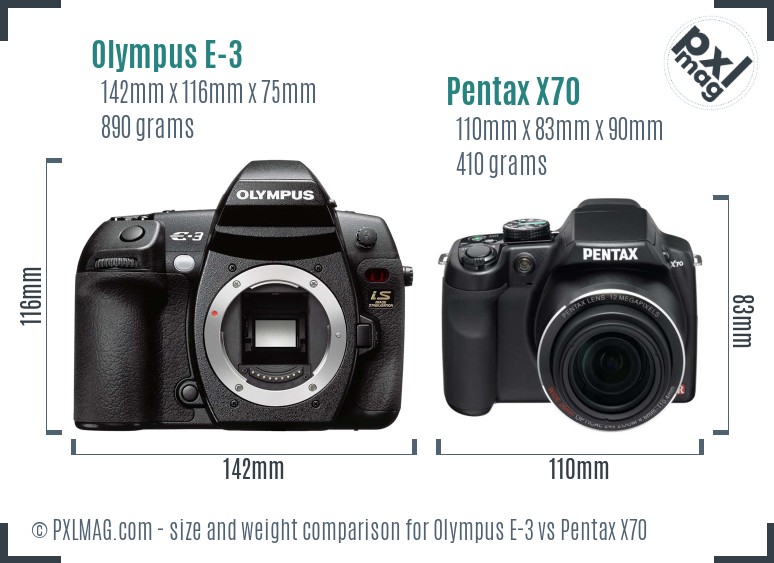 Olympus E-3 vs Pentax X70 size comparison
