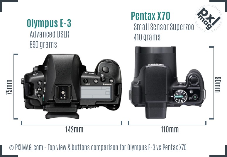 Olympus E-3 vs Pentax X70 top view buttons comparison