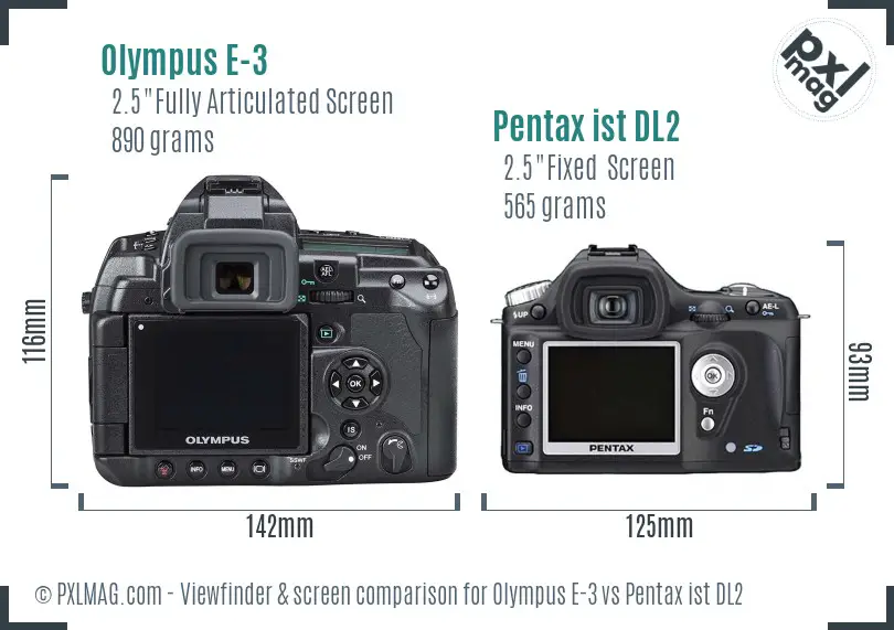Olympus E-3 vs Pentax ist DL2 Screen and Viewfinder comparison