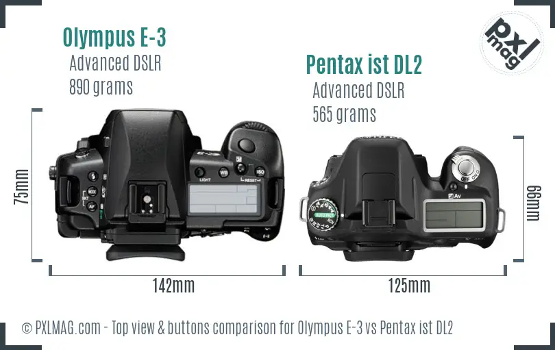 Olympus E-3 vs Pentax ist DL2 top view buttons comparison
