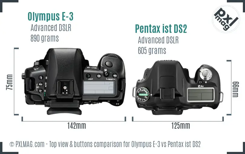 Olympus E-3 vs Pentax ist DS2 top view buttons comparison