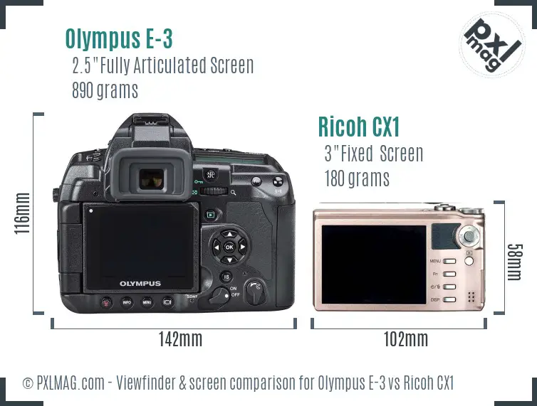 Olympus E-3 vs Ricoh CX1 Screen and Viewfinder comparison Olympus E-3 vs Ricoh CX1 Screen and Viewfinder comparison