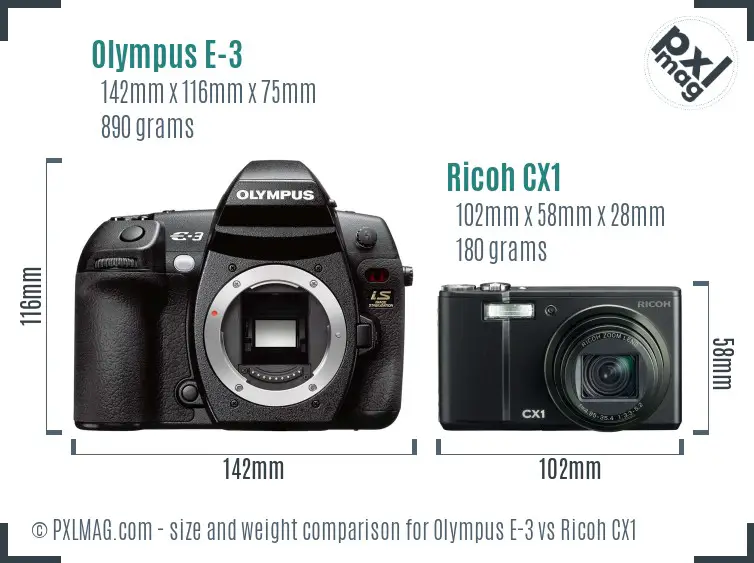 Olympus E-3 vs Ricoh CX1 size comparison Olympus E-3 vs Ricoh CX1 size comparison