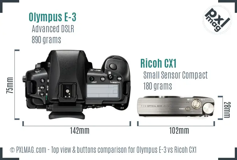 Olympus E-3 vs Ricoh CX1 top view buttons comparison Olympus E-3 vs Ricoh CX1 top view buttons comparison