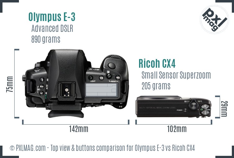 Olympus E-3 vs Ricoh CX4 top view buttons comparison