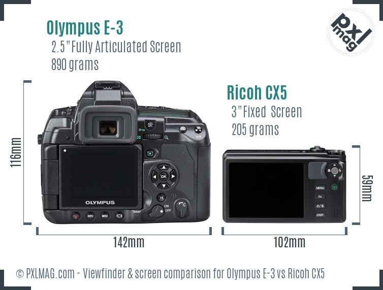 Olympus E-3 vs Ricoh CX5 Screen and Viewfinder comparison