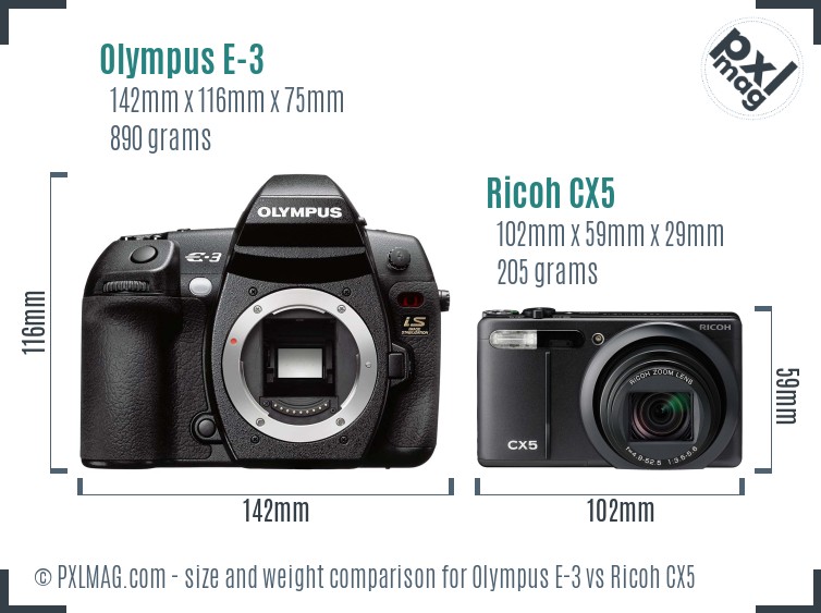 Olympus E-3 vs Ricoh CX5 size comparison
