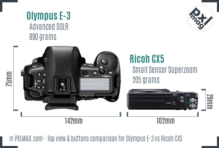 Olympus E-3 vs Ricoh CX5 top view buttons comparison