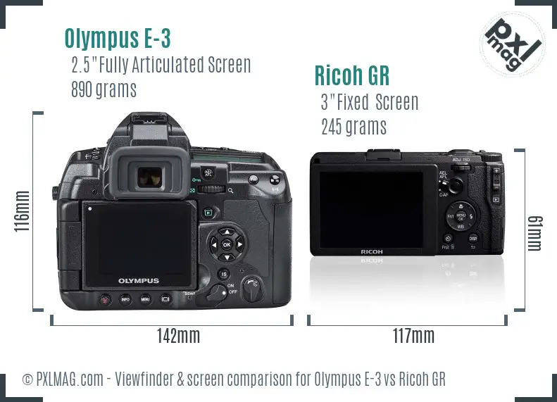 Olympus E-3 vs Ricoh GR Screen and Viewfinder comparison