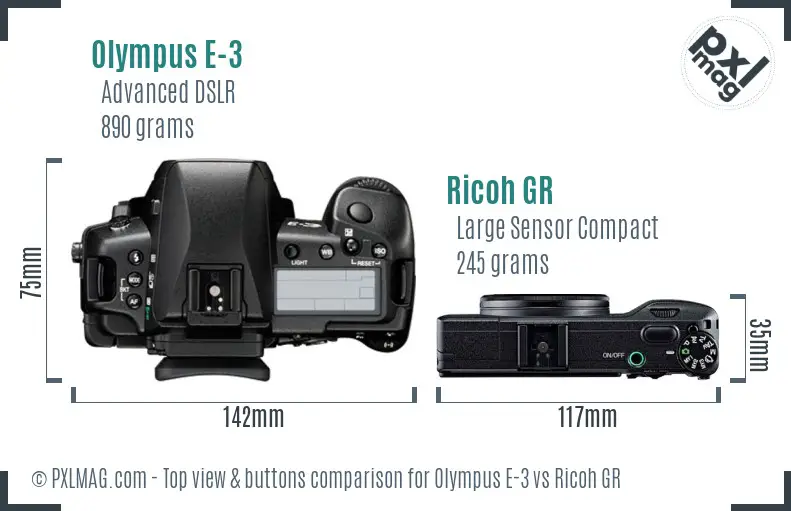 Olympus E-3 vs Ricoh GR top view buttons comparison