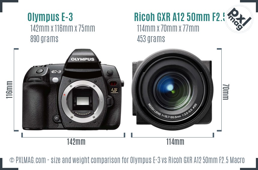 Olympus E-3 vs Ricoh GXR A12 50mm F2.5 Macro size comparison