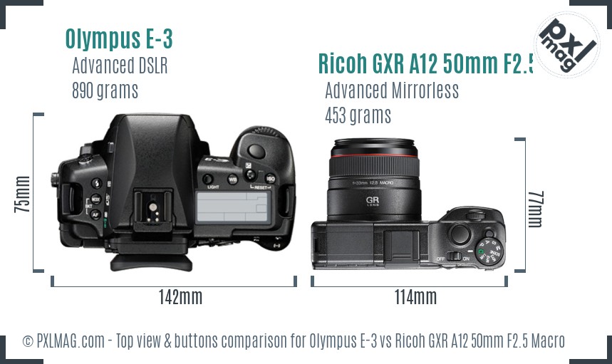 Olympus E-3 vs Ricoh GXR A12 50mm F2.5 Macro top view buttons comparison