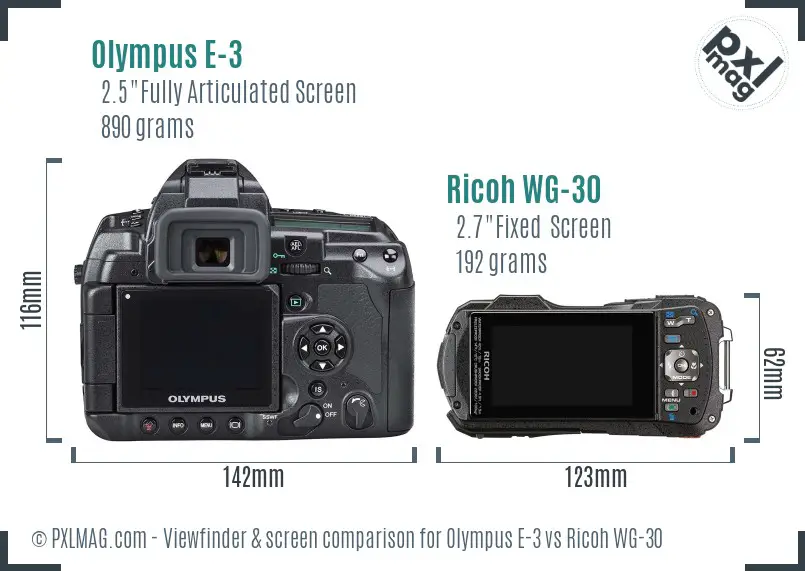 Olympus E-3 vs Ricoh WG-30 Screen and Viewfinder comparison
